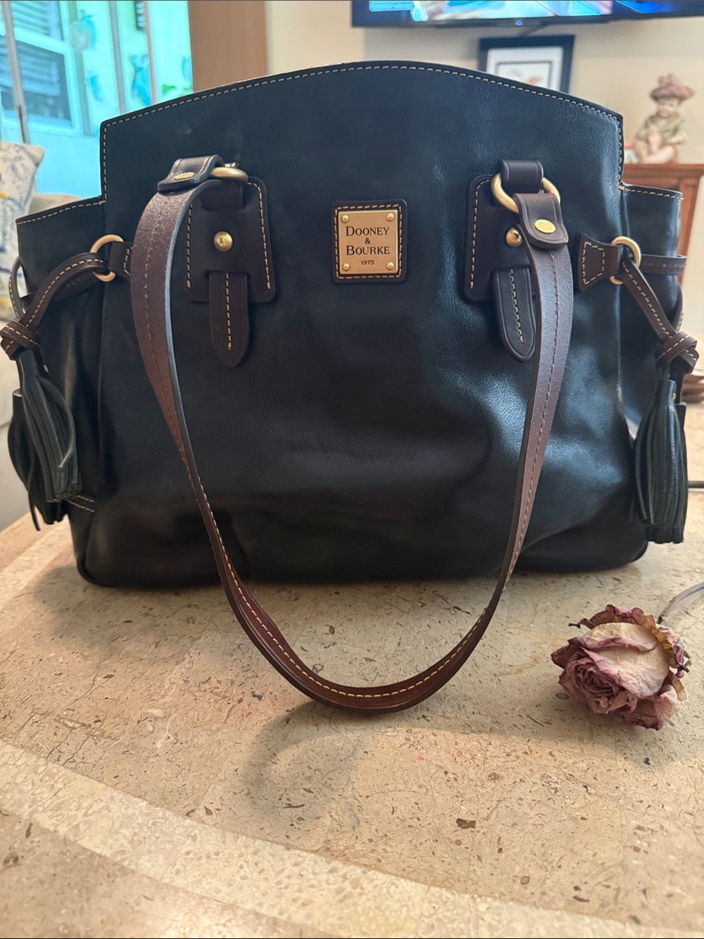 Dooney & Bourke Black Leather Shoulder Bag with Tassels